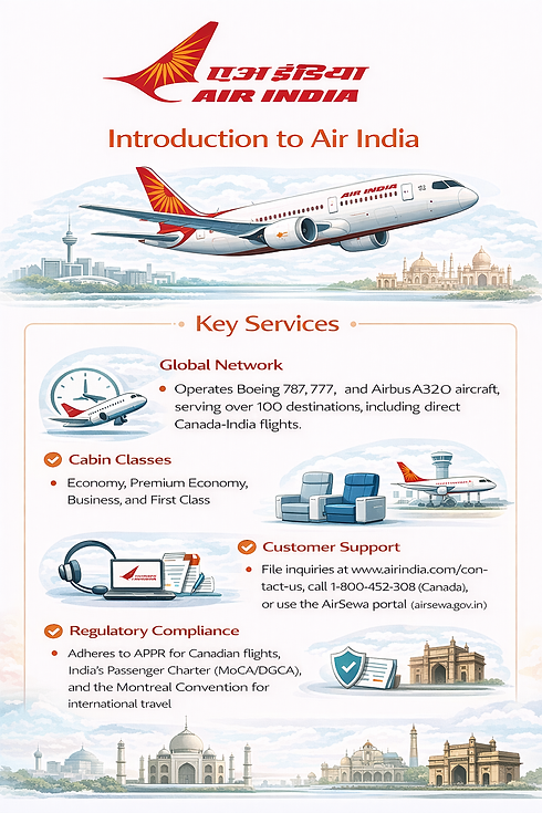 Air India showing aircraft, global network, seating classes, and customer support icons