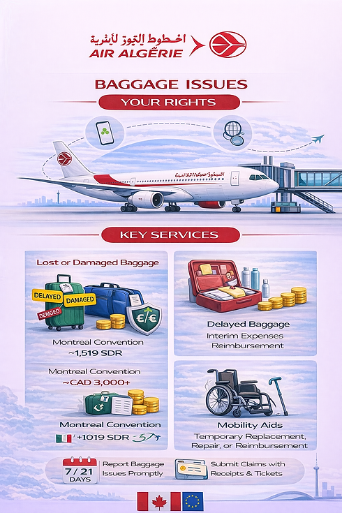 Air Algerie baggage issues infographic showing delayed and damaged luggage, Montreal Convention compensation limits, reimbursement options, and passenger rights for international flights