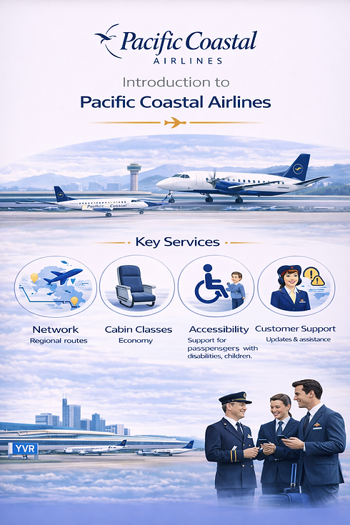 Pacific Coastal Airlines aircraft at airport with key services icons including regional network economy cabin accessibility support and customer assistance