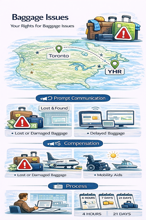 Porter Airlines baggage issues infographic showing lost, delayed, and damaged luggage with communication, compensation, and process icons