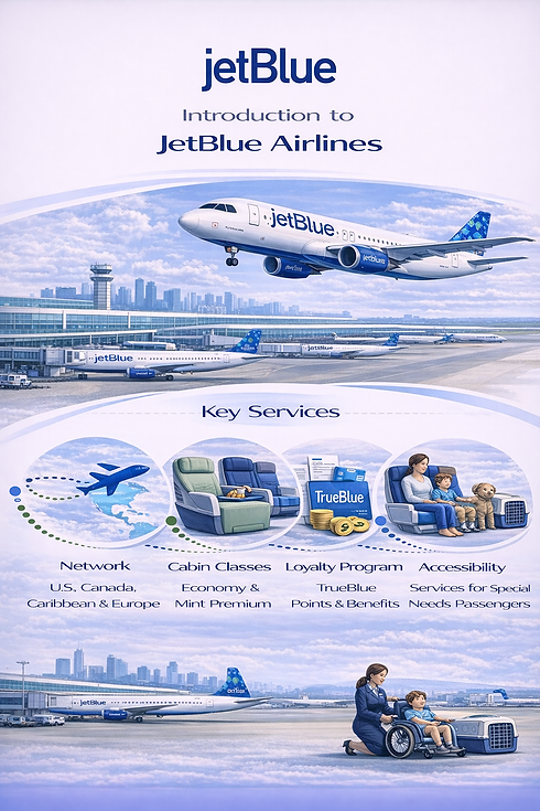 JetBlue Airways aircraft at airport with key services icons including network cabin classes TrueBlue loyalty program and accessibility