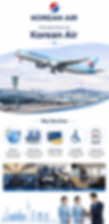 Korean Air aircraft at airport with key services icons including global network cabin classes SKYPASS loyalty program and accessibility