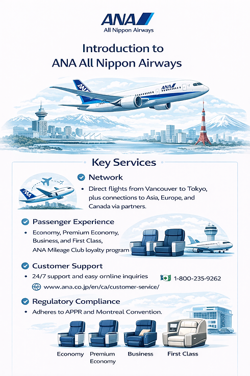ANA All Nippon Airways showing aircraft, global network, seating classes, and service icons