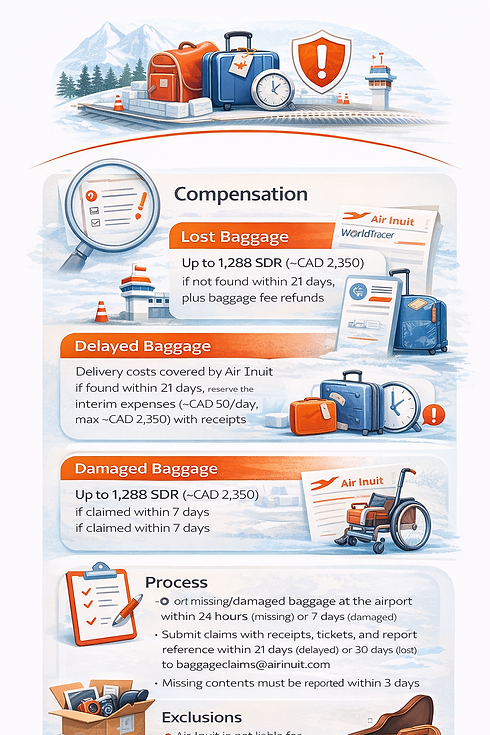 Infographic showing baggage rights with suitcase icons, delay and damage symbols, and compensation information for lost or delayed luggage.