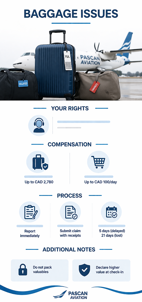Pascan Aviation baggage issues infographic showing luggage with delay and damage tags, compensation limits, claims process, and passenger rights