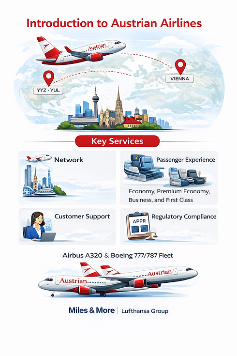 Simple Austrian Airlines introduction infographic with airplane, route map, and key service icons including network, passenger experience, support, and compliance