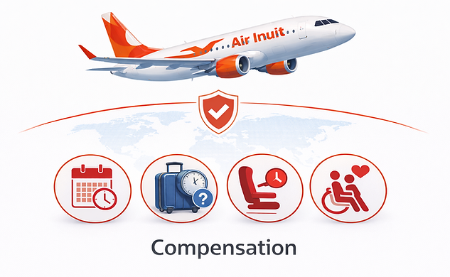 Air Inuit airplane flying above icons representing flight delays, baggage issues, tarmac delays, and accessibility support