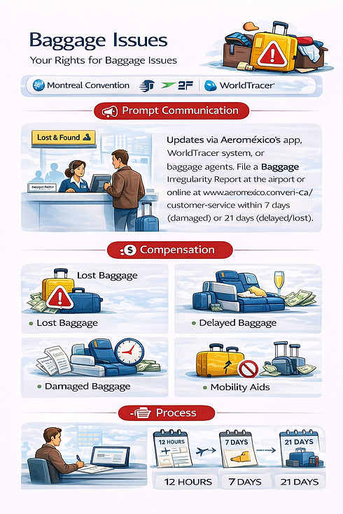 Aeromexico baggage issues infographic showing lost, delayed, and damaged luggage with communication, compensation, and process icons