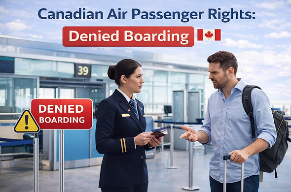 Passenger at airport being denied boarding by airline staff in Canada and discussing compensation rights