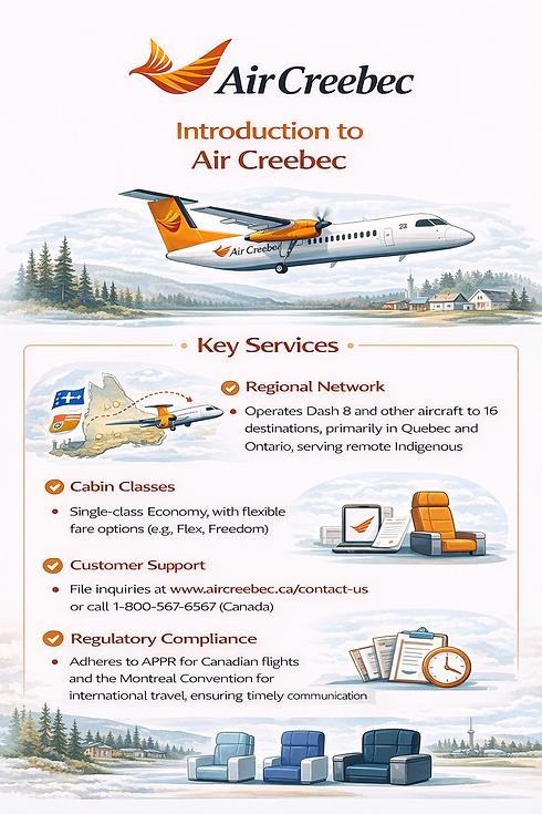 Air Creebec showing regional aircraft, network map, seating, and customer support icons