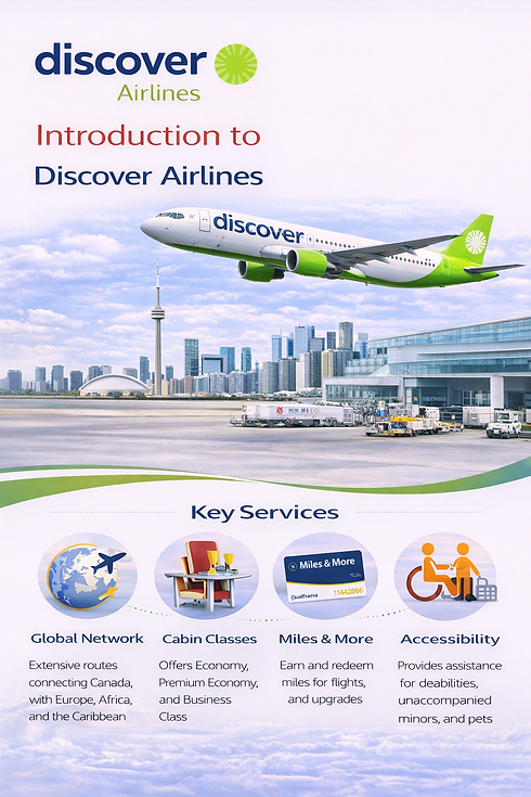 Discover Airlines aircraft at airport with key services icons including global network cabin classes Miles and More and accessibility