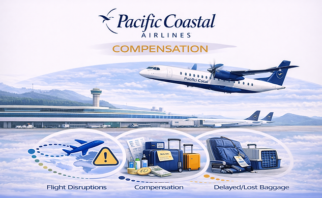 Pacific Coastal Airlines aircraft flying over airport with clean white background and compensation banner showing passenger rights including flight disruptions baggage and delayed baggage