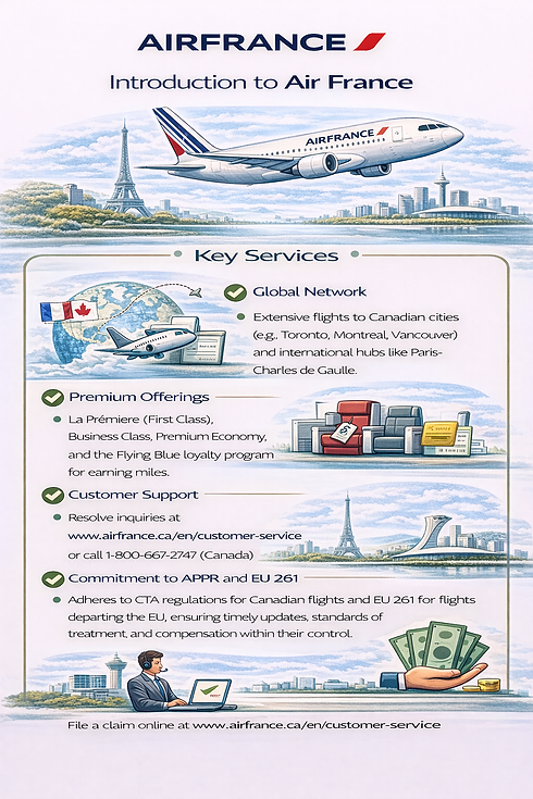 Air France baggage issues with icons for lost, delayed, and damaged luggage, compensation, claim steps, and exclusions