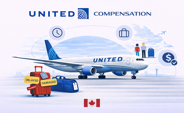United Airlines airplane on runway with passenger rights icons showing delays, baggage issues, compensation, and assistance for flights to and from Canada