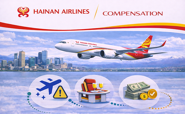 Hainan Airlines aircraft flying over city skyline with clean white background and airline compensation banner showing passenger right