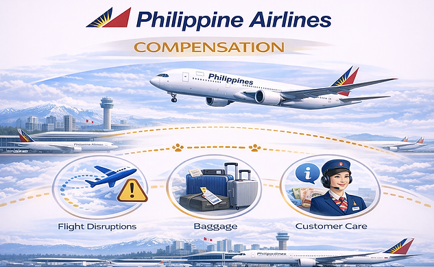 Philippine Airlines aircraft flying over airport with clean white background and compensation banner showing passenger rights including flight disruptions baggage and delayed baggage