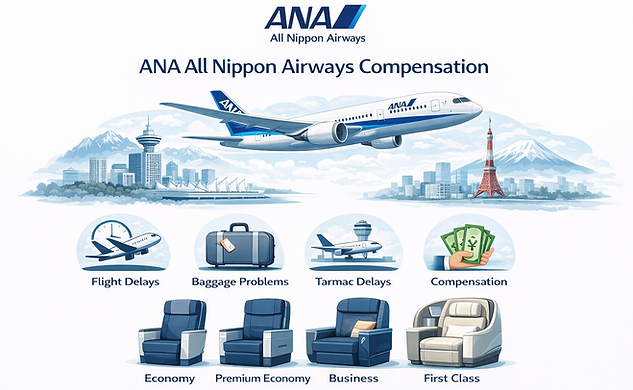 Clean illustration of ANA All Nippon Airways aircraft with icons for flight delays, baggage issues, and passenger compensation