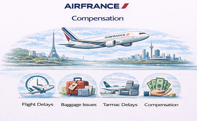 Air France aircraft with icons representing delays, baggage, compensation, and passenger rights