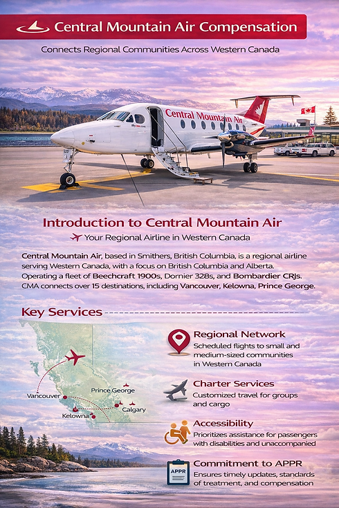 Central Mountain Air aircraft at airport with map of Western Canada and icons representing regional routes charter services accessibility and passenger rights under APPR
