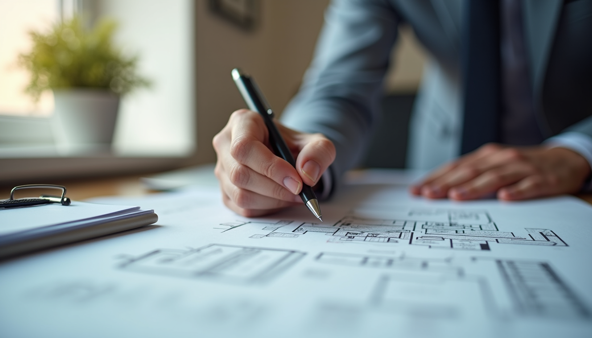 A certifier reviewing building plans on a desk