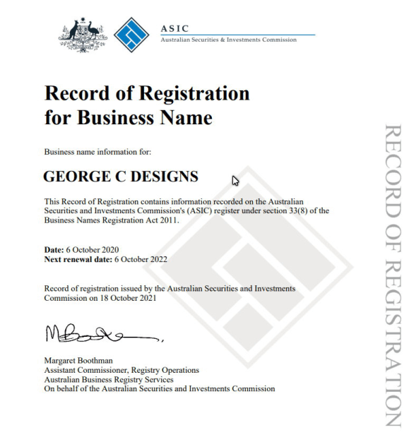 George c designs business name registration