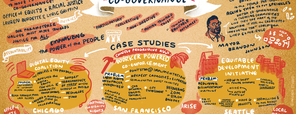 Handwritten notes and doodles defining co-governance in yellows, oranges, and reds