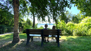 Two children sitting on a bench in a park looking out at a lake.