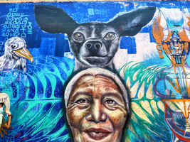 A graffiti painting on the street of a women whose face is old with a dog on her head.