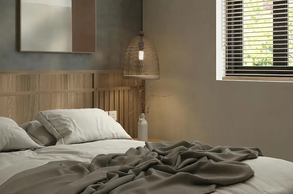 Warm minimalist bedroom with linen bedding rattan pendant lamp wooden headboard and earthy neutral tones