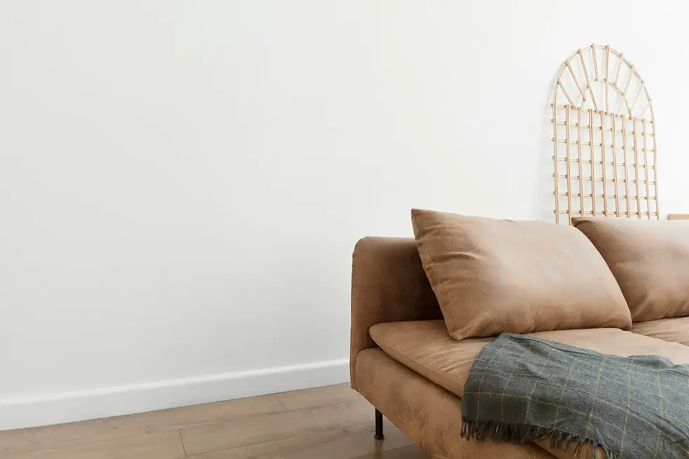 Modern tan sofa with rattan wall decoration in minimalist living room