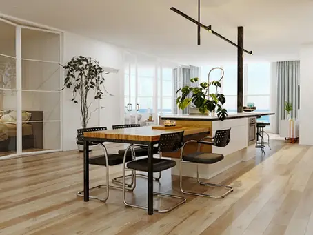 Best kitchen floor materials 2026 Scandinavian kitchen with white painted wood floor and grey Shaker cabinets
