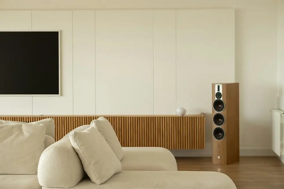 modern living room furniture neutral sofa wood media unit