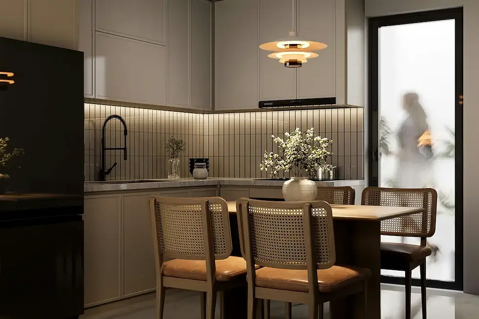 Warm minimalist kitchen at evening with 2700K under-cabinet lighting, rattan dining chairs and pendant light  2026 Japandi style