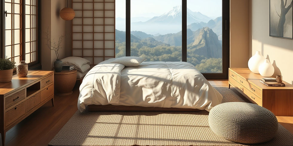 Calm Japandi bedroom featuring a low platform bed, soft neutral tones, and natural wood elements