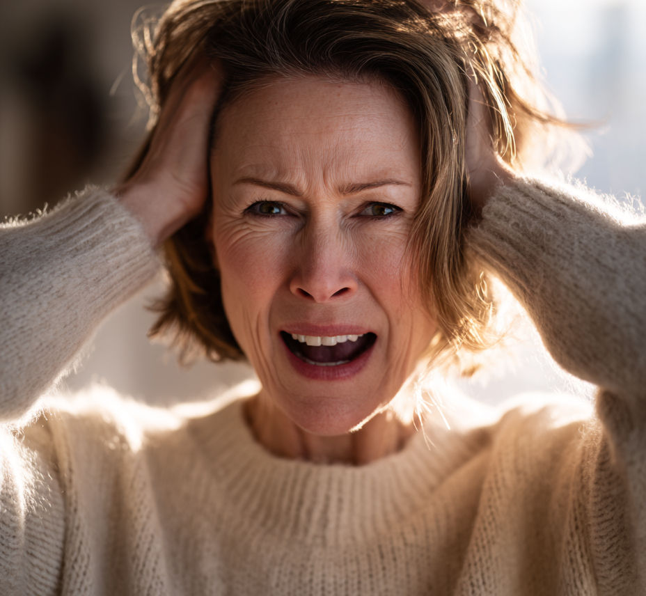 A woman clutching her head and screaming