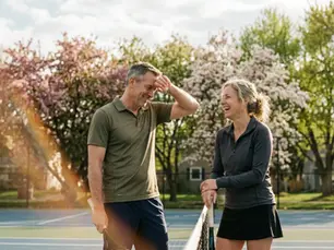 a man and woman in their 40s, healthy and playing tennis outside in Edina MN