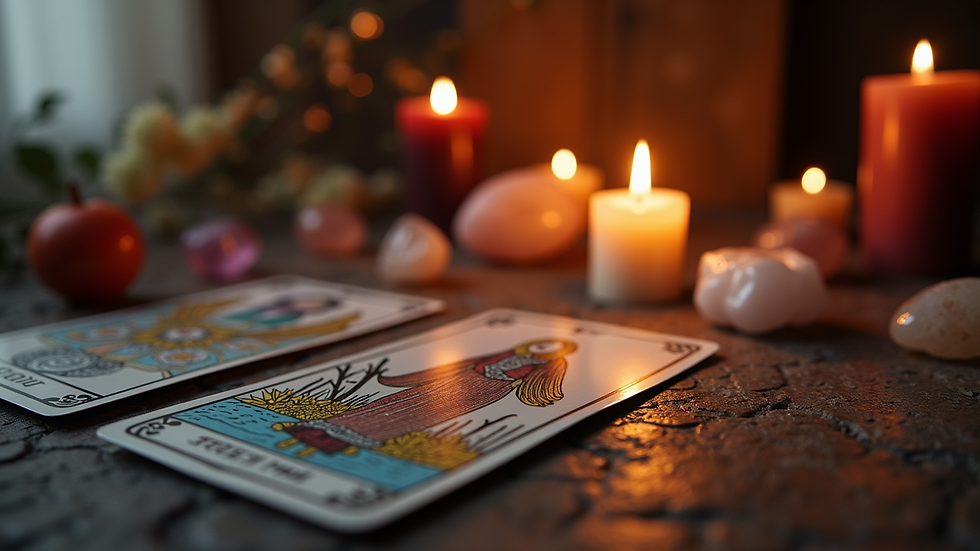 Eye-level view of a candlelit altar with tarot cards and crystals