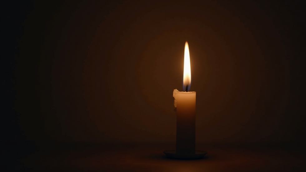 Close-up view of a single candle flame flickering in a dark room