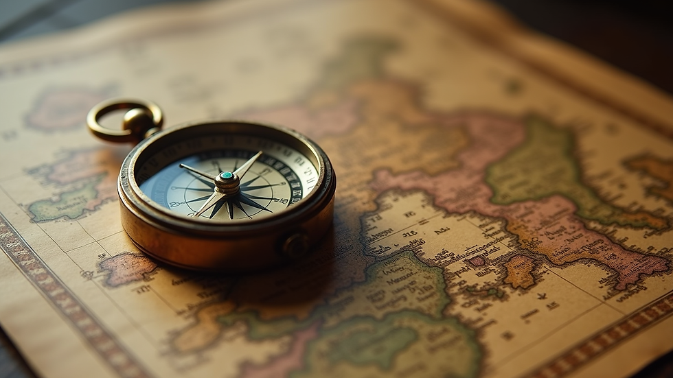 Eye-level view of a vintage compass resting on an ancient map