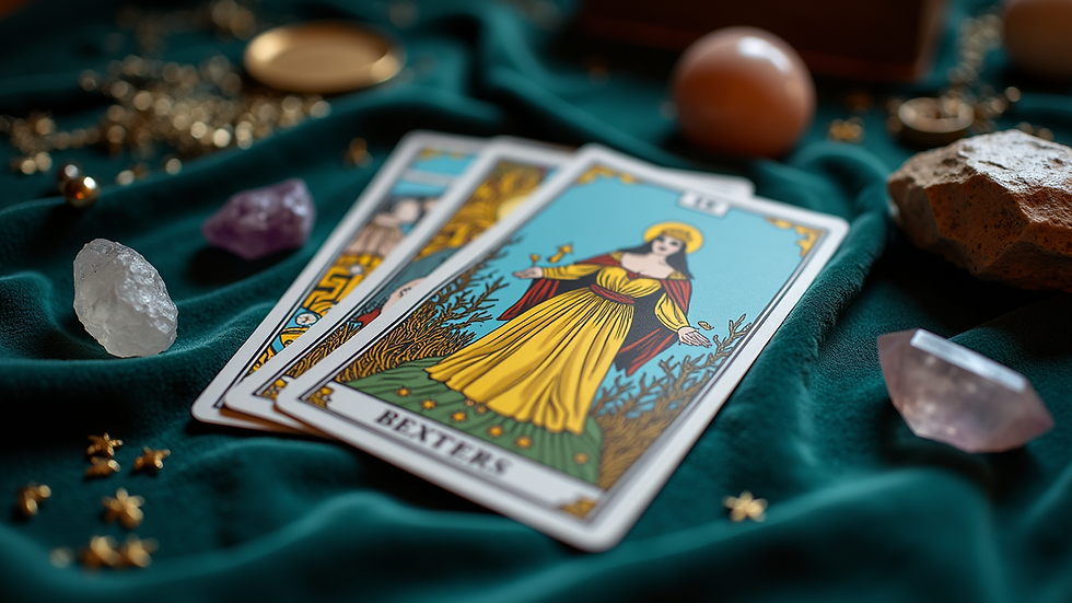 Eye-level view of a tarot deck and crystals arranged on a velvet cloth