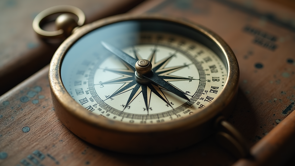 Eye-level view of a magnetic compass with a visible compass card