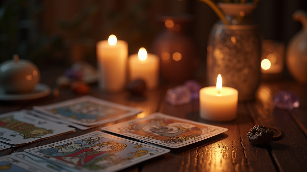 Eye-level view of a tarot reader’s table with candles and crystals
