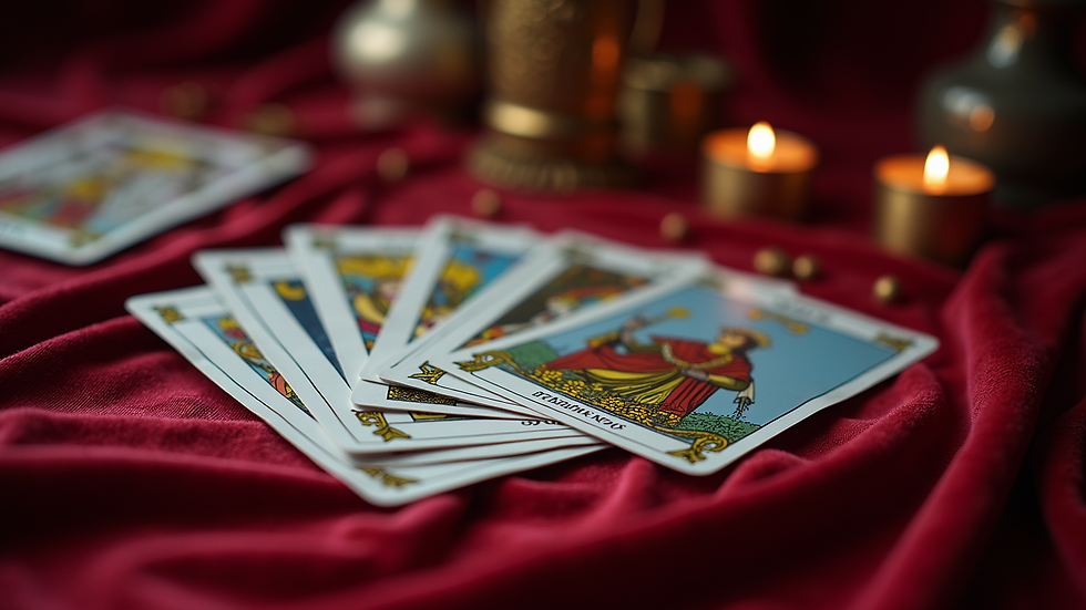 Close-up view of tarot cards laid out on a velvet cloth
