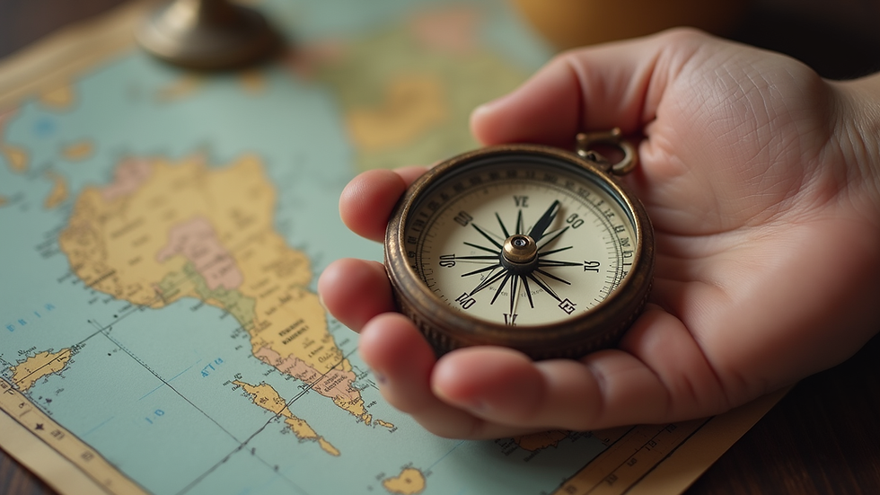 Close-up view of a hand holding a vintage compass over a map