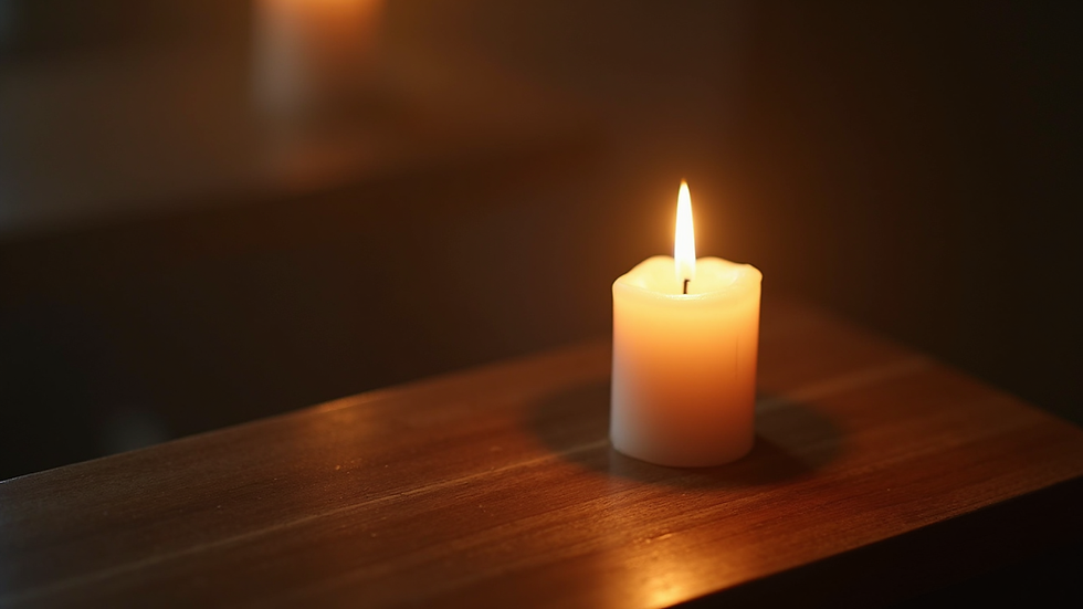 Eye-level view of a softly lit candle on a wooden altar