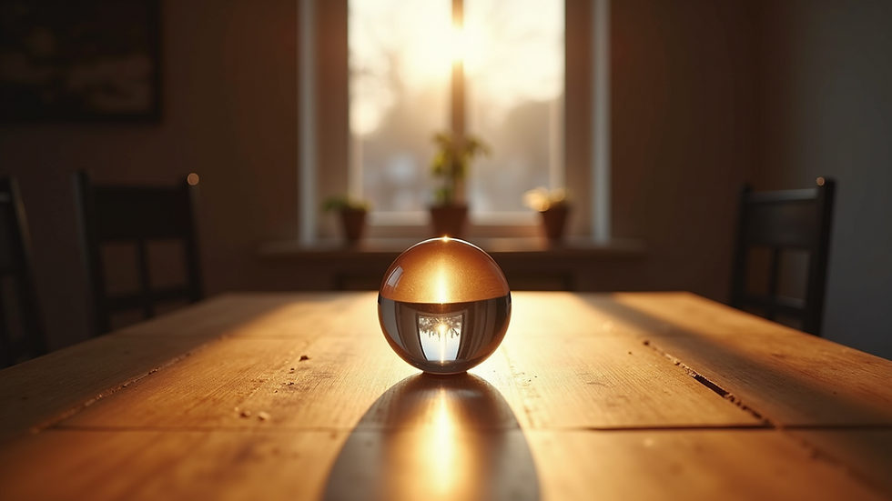 Eye-level view of a softly lit crystal ball on a wooden table