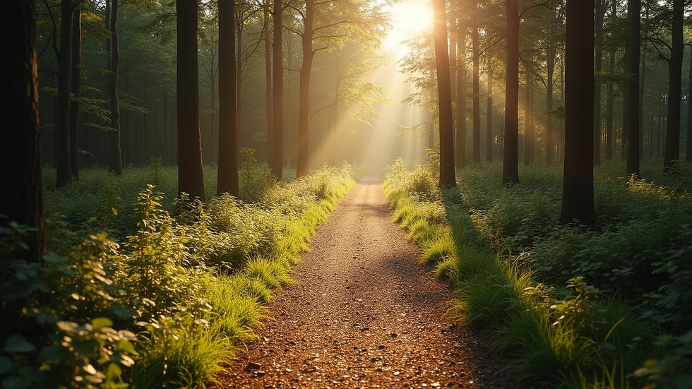 High angle view of a serene forest path bathed in soft sunlight