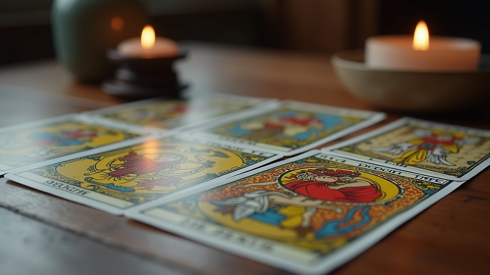 Close-up view of tarot cards spread on a wooden table