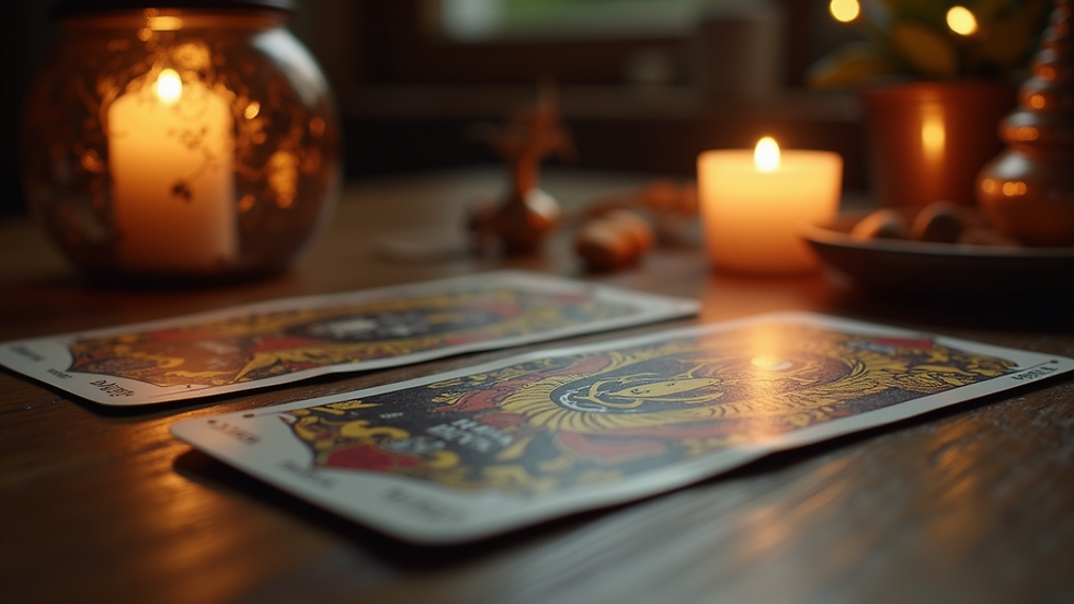 Eye-level view of a tarot deck spread on a wooden table with soft candlelight