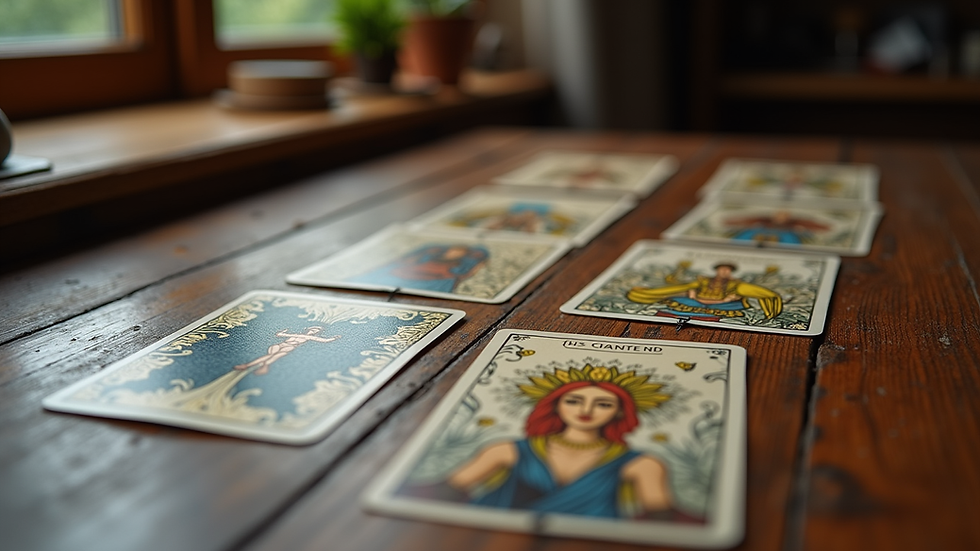 Eye-level view of a tarot deck laid out on a wooden table